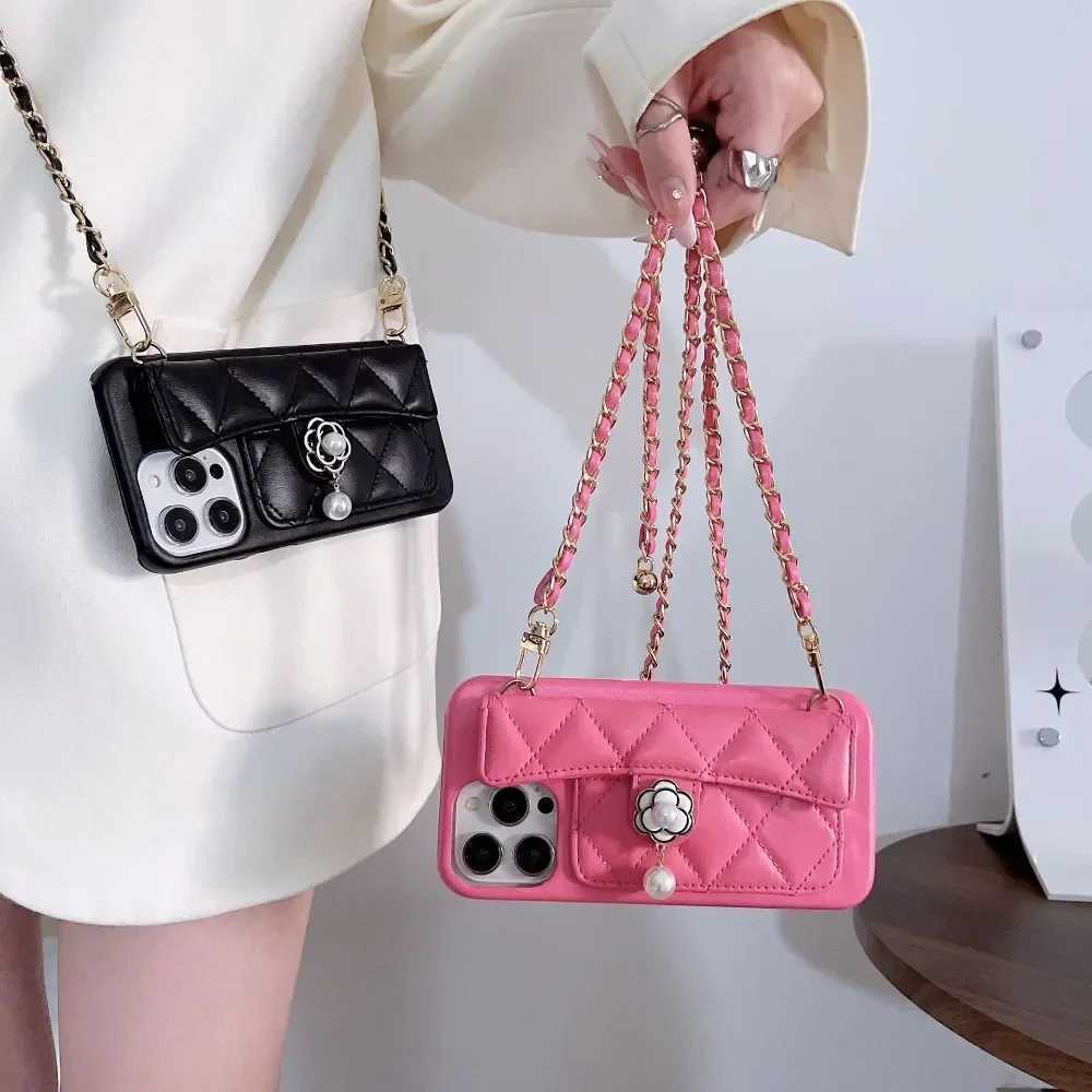 Camellia Leather Cover For iPhone 16 15 14 13 12 11 Pro Max Card Slot Holder Wallet Adjustable Lanyard Crossbody Phone Case J251202