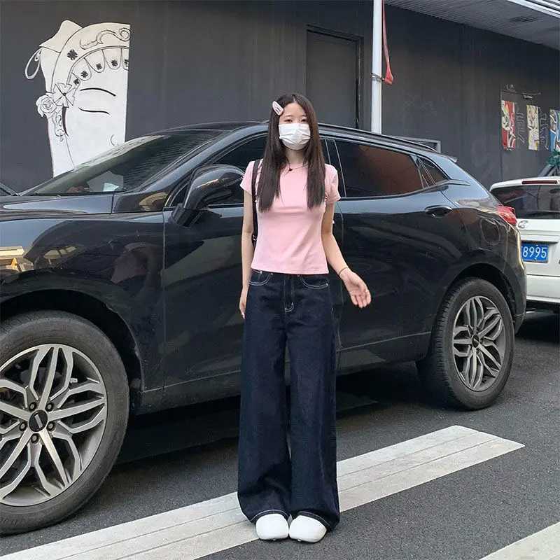 Womens Y2K Dark Blue Wide Leg Washed Jeans Korean Fashion High Waisted Straight Denim Floor PantsT251013