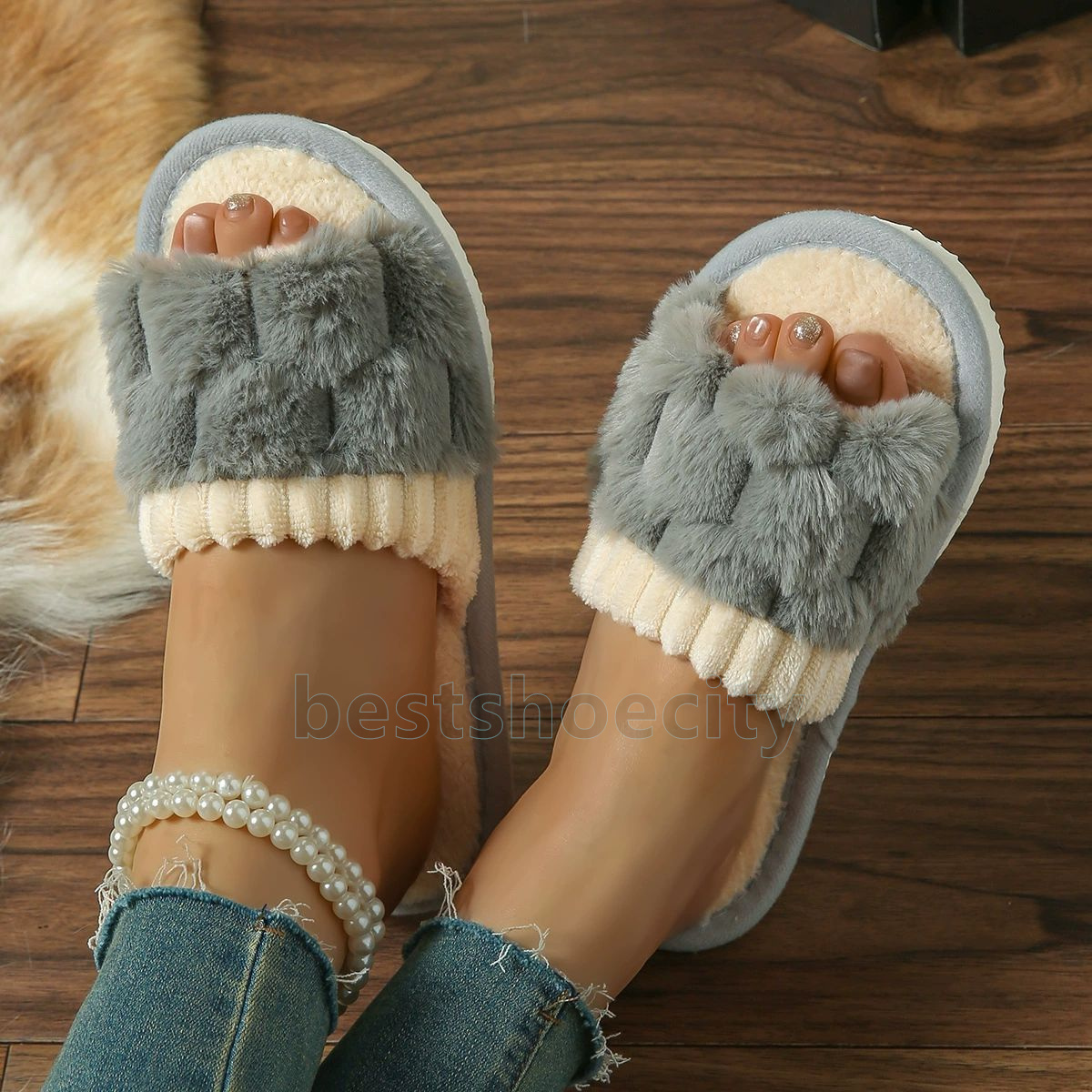 Designer Slides Comfortable Slip-On Fluffy Slippers Winter Cotton-Lined Trendy Non-Slip Indoor Home Warm Womens Sliders Size 36-43