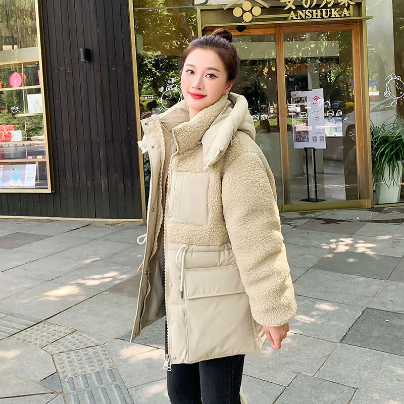 New Korean Fashion Autumn Winter Jacket Patchwork Lamb Wool Thick Loose Cotton Coat For Women B5