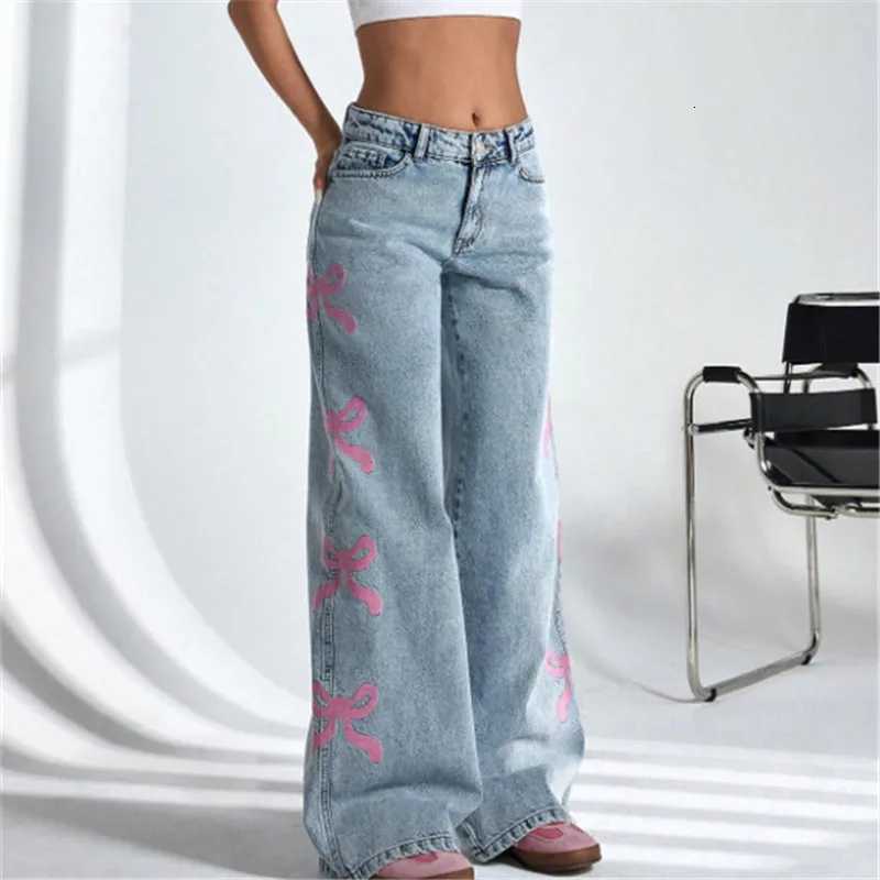 Women Jeans Wide Leg Pants Bow Washed High Waist 2025 Streetwear Denims Distressed Vintage Straight Ankle Length TrousersT251013