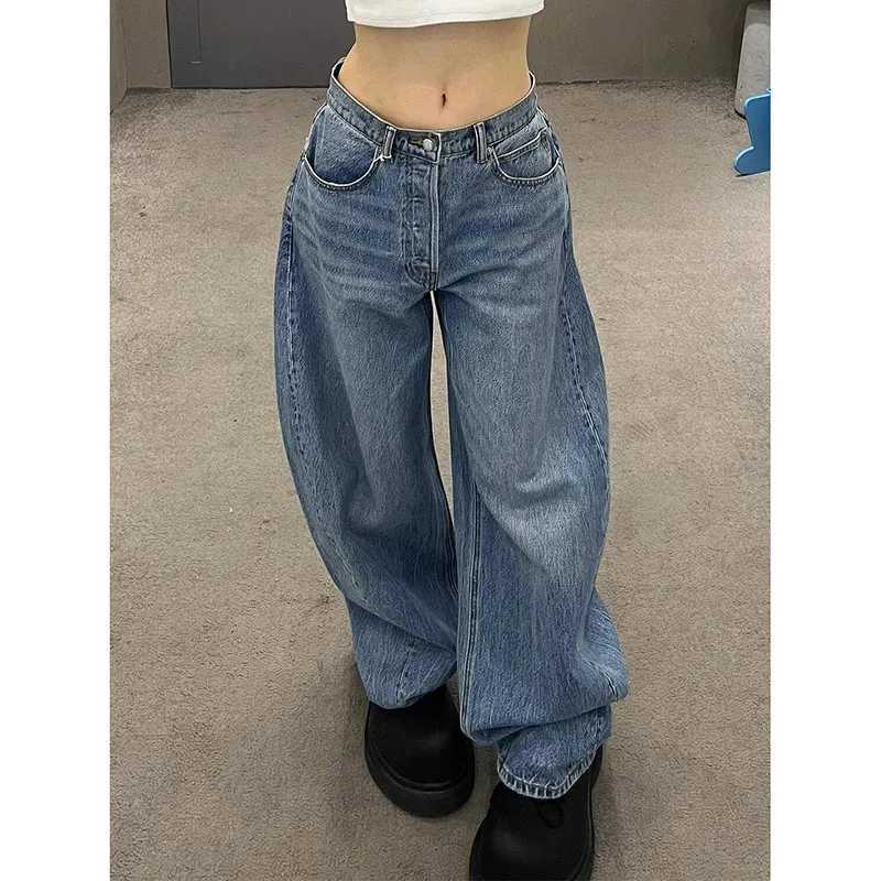 Gradient Spring 2025 Blue Jeans Women Y2K Vintage High Waisted Jeans Straight Streetwear Loose Large Wide Leg Denim PantsT251013