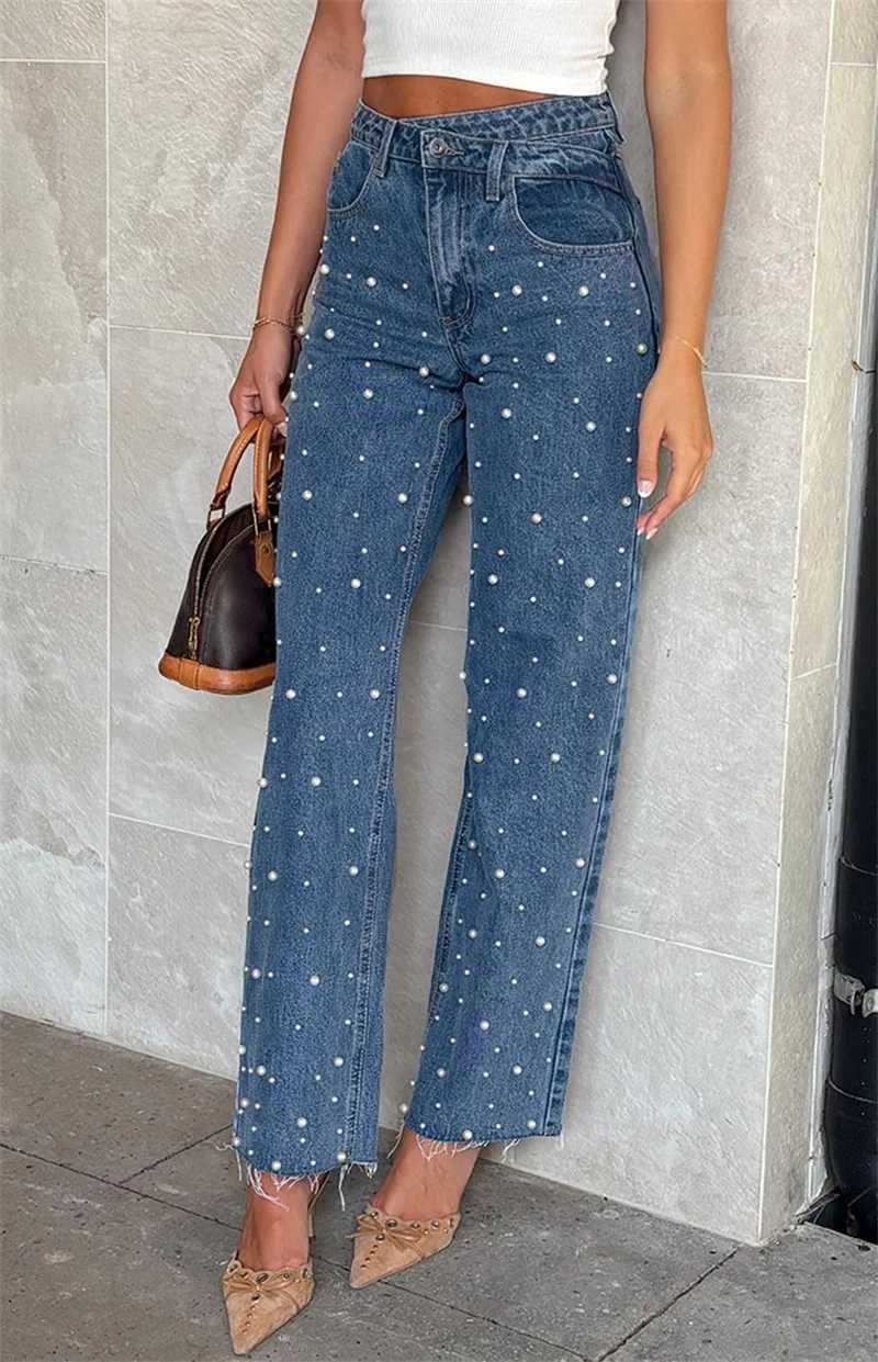 2025 Y2K Fashion Beading Vintage Denim Pants Women Loose Baggy Straight Jeans Female Casual Midi Waist Trousers Trend StreetwearT251013