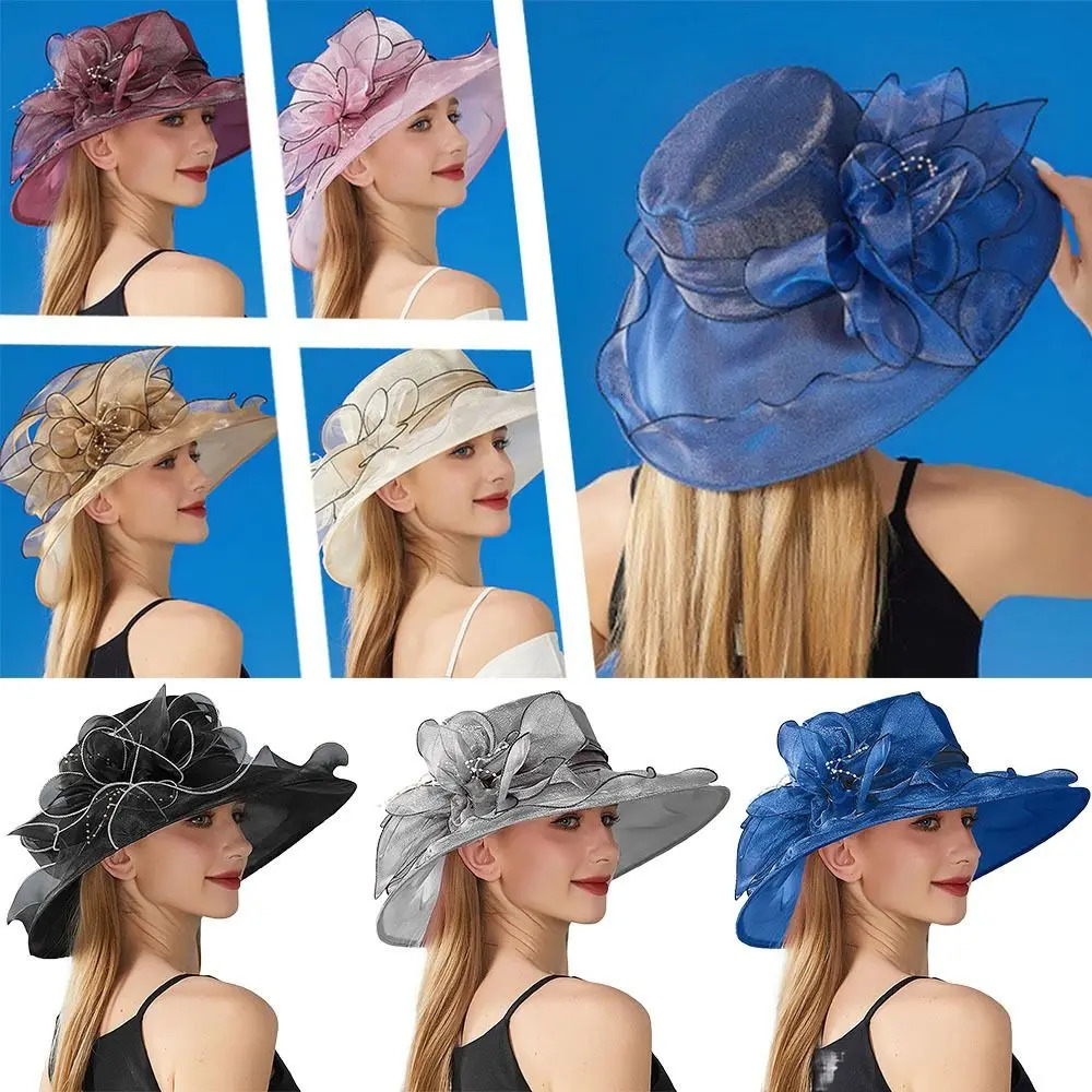 Solid Color Flowers Women Derby Hat Organza Wide Brim Summer Ruffles Sun Hat Foldable UV Protection Bridal Tea Party Wedding Hat 251013