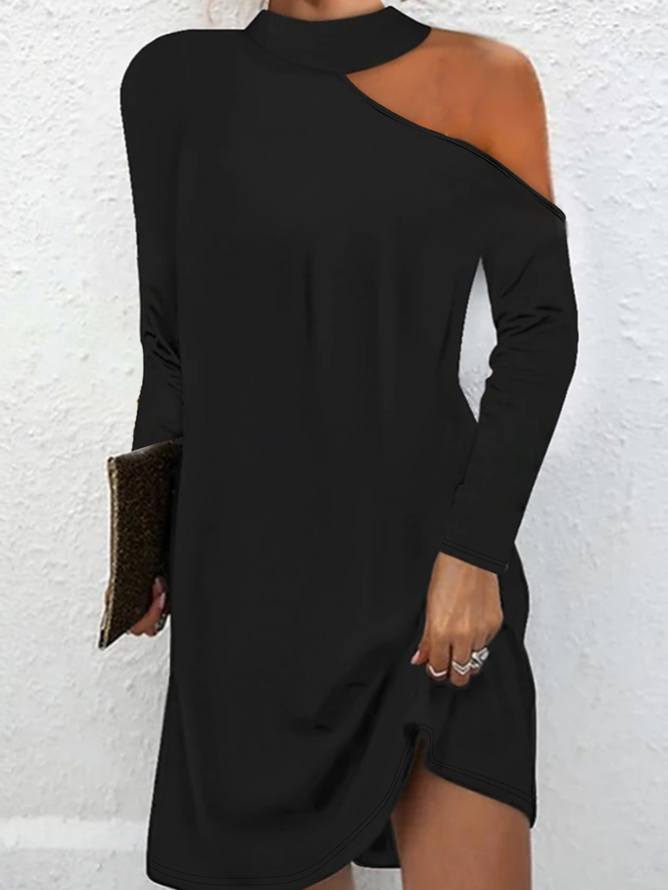 Women's Autumn Winter Fashion Office - Style Dress - Elegant Minimalist Cutout Shoulder Long - Sleeve Black Dress-CF55092