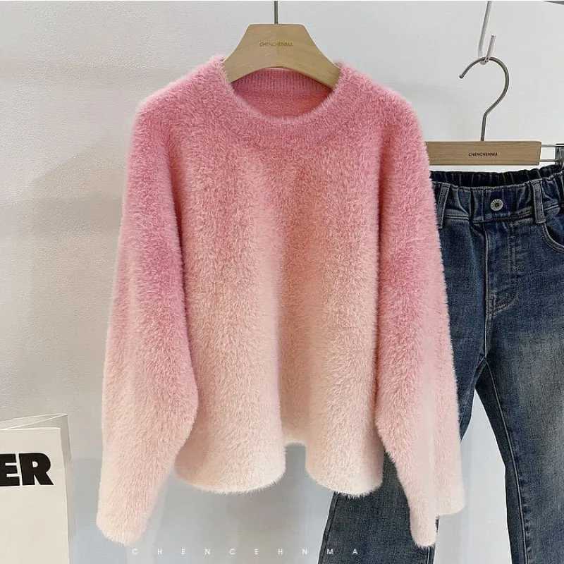 2025 Winter Plus Size Stylish Girls Kids Peach Pink Gradient Oversized Faux Mink Fur Soft Knit Trendy Sweater C251013