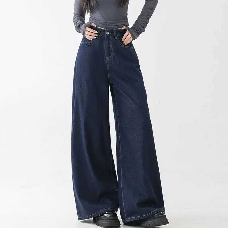 High Waist Straight Leg Loose Fit Denim Jeans Womens Floor Length Lazy Wide Leg Meat Concealing Deep Blue American Style Long PT251013