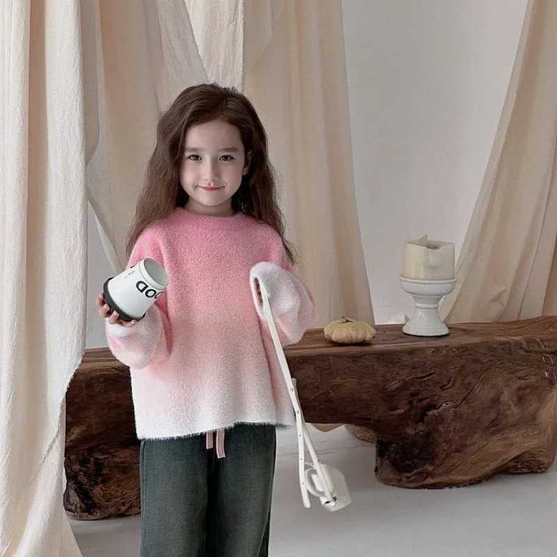 2025 Winter Plus Size Stylish Girls Kids Peach Pink Gradient Oversized Faux Mink Fur Soft Knit Trendy Sweater C251013