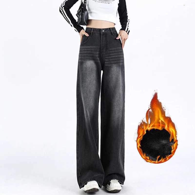 Woman Vintage High Waist Fashion Thicken Jeans Female Y2k Thermal Wide Leg Pants Girls Designer Black Punk Denim Loose TrousersT251013