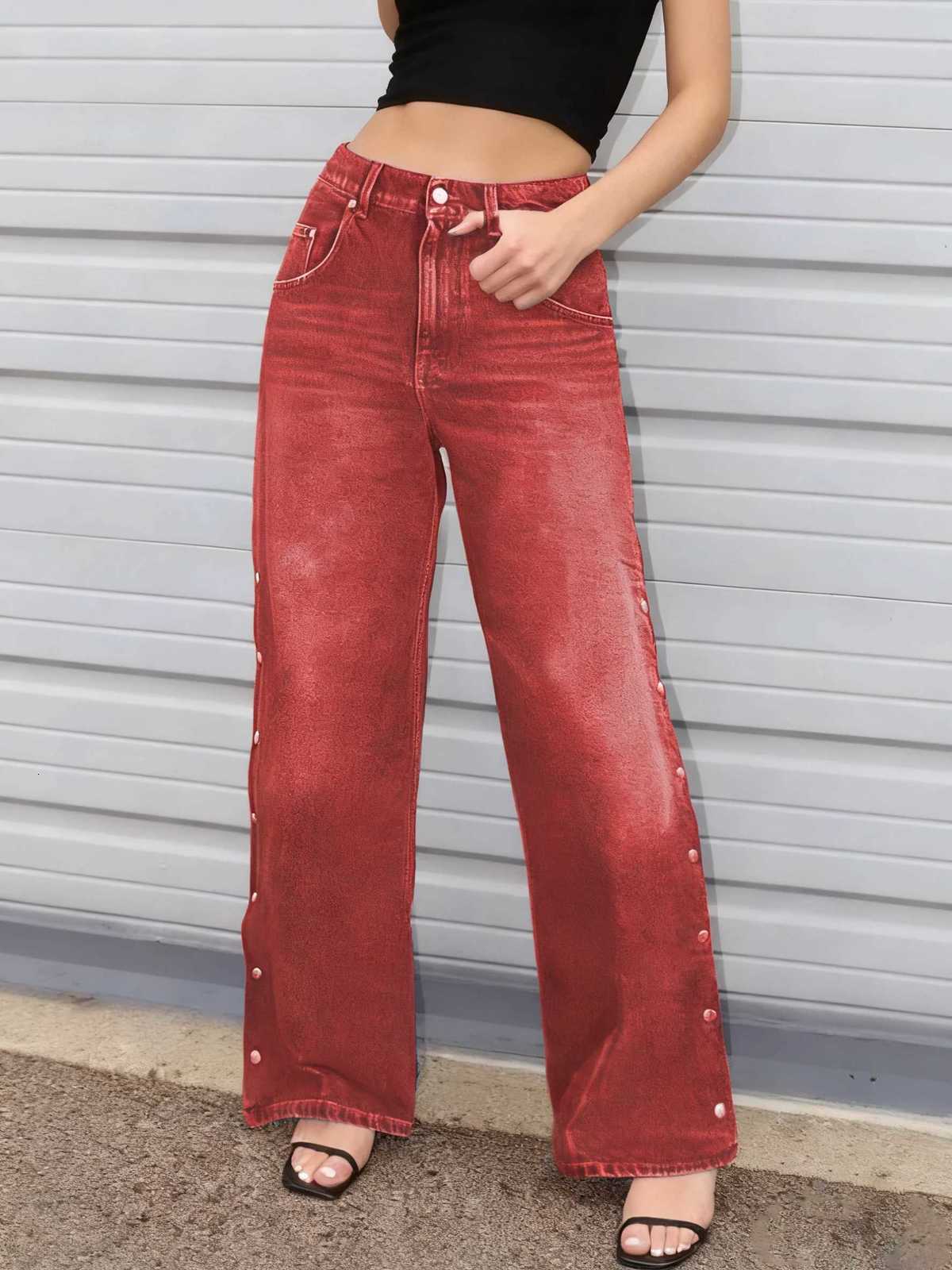 Ladies Retro RedBrown WideLeg Jeans Fashion Casual Loose Straight MidWaist NonStretch Side Buckle Denim PantsT251013