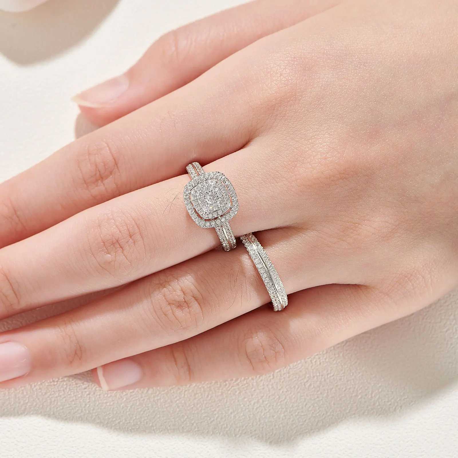 Newshe 2Pcs Wedding Rings for Women Solid 925 Sterling Silver Engagement Ring Bridal Set 16Ct Halo Round Cut AAAAA Zircon D251013