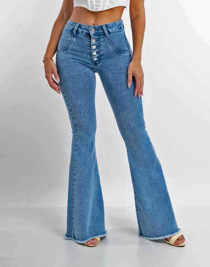 Autumn 2023 New High Waist Boot Cut Jeans For Women Fashion Skinny Stretch Button Raw Denim Flared Pants Slim Fit Trousers S2XLT251013