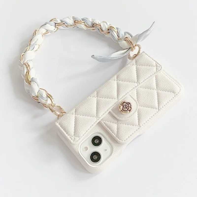 Camellia Flower Lambskin Leather Case For iPhone 17 Air 16 15 14 13 Pro Max Plus Hand Chain Of Silk Scarves Card Wallet Cover J251202