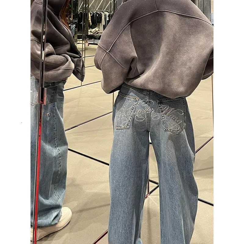 Gradient Spring 2025 Blue Jeans Women Y2K Vintage High Waisted Jeans Straight Streetwear Loose Large Wide Leg Denim PantsT251013