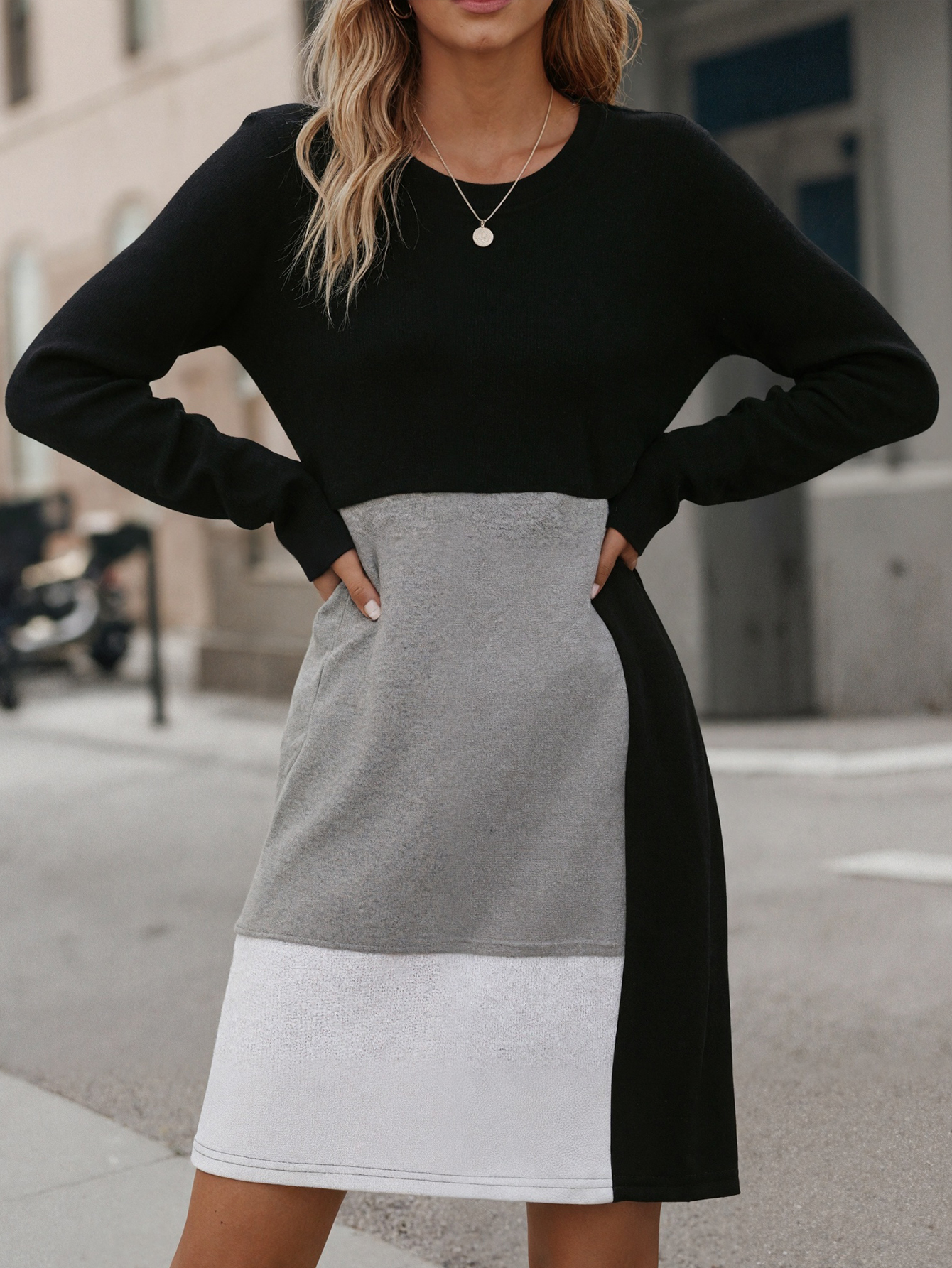 Women's Autumn New Fashion Office & Mom - Style Color - Block Printed Crew Neck Long - Sleeve Midi Dress-CF56233