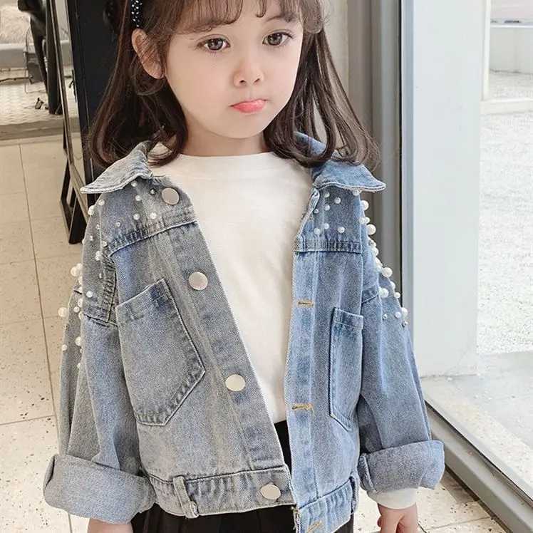 310 year old girl denim jacket 2024 new childrens pearl long sleeved denim jacket baby Korean version personalized fashioncoat C251013