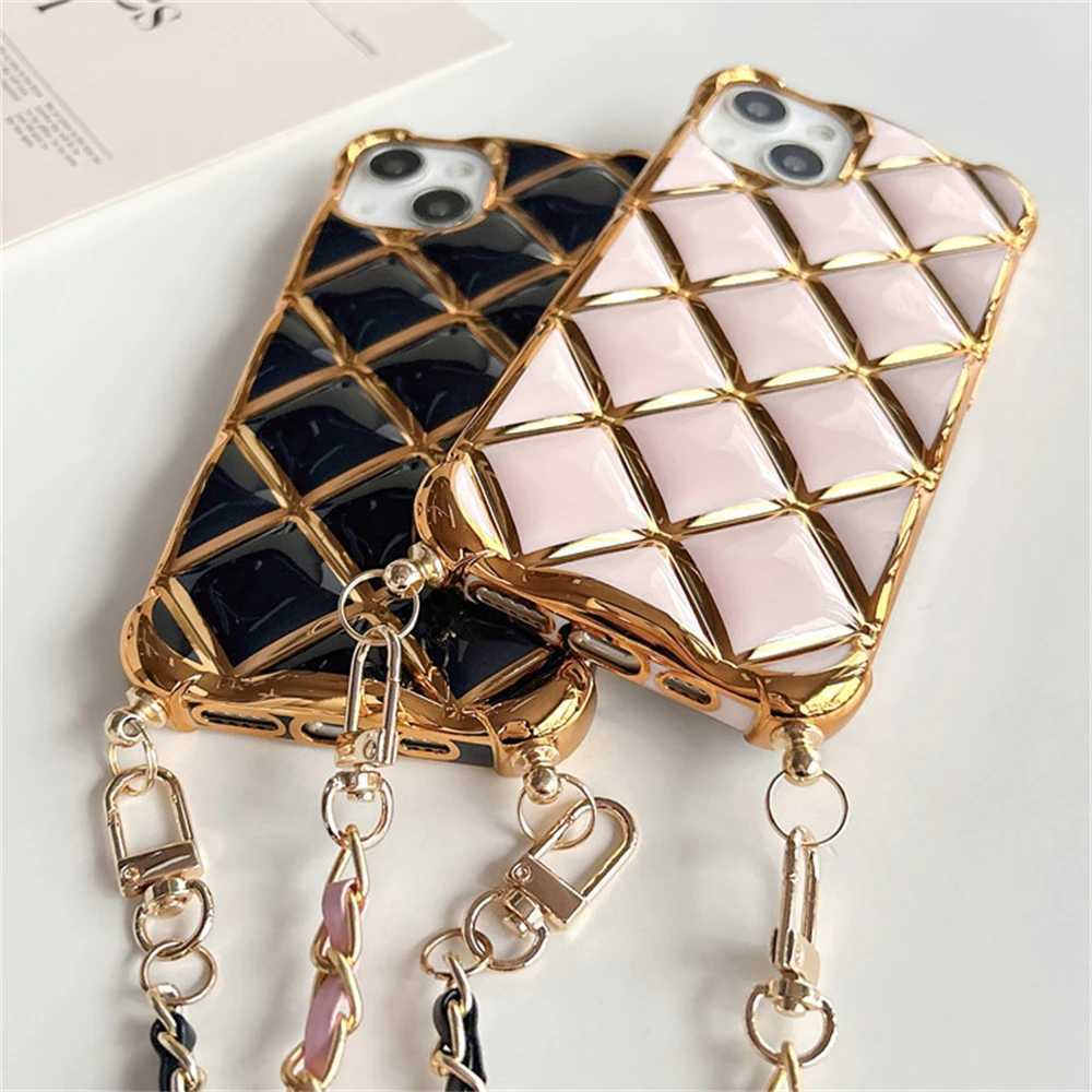 Crossbody Necklace Chain Lanyard Plating Diamond Lattice Phone Case for iPhone 14 11 12 13 15 Pro Max Plus Soft Silicone CoverW251011