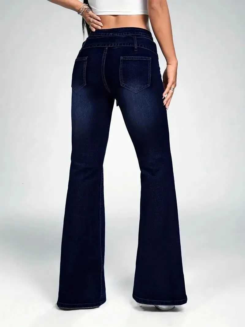 Womens fashionable casual wash dark blue decorative strap buckle stretch slim fit slim flared jeansT251013