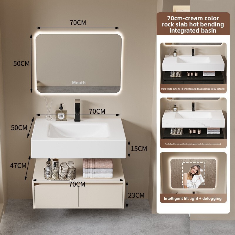 Bathroom Cabinet with Rock Slab Curved Integrated Basin, Multi-layer Solid Wood Wash Basin Set for Home Use