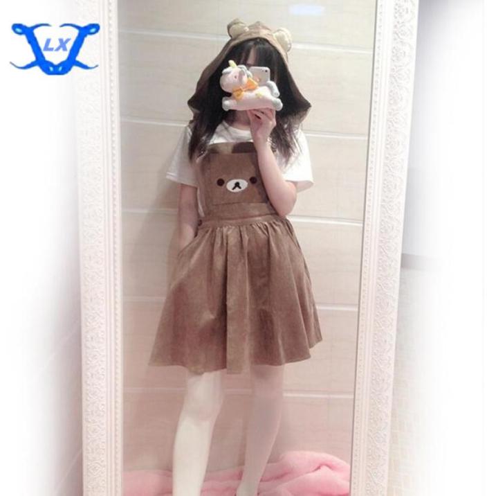 Girl overalls Women039s Kawaii Rilakkuma Dress Cute Bear Embroidery Cosplay Dress Lolita Overall Detachable Hood28016958230235