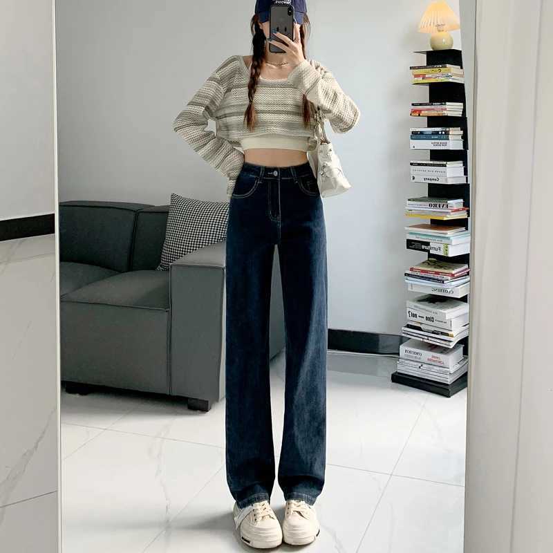 Womens Highwaisted Jeans Leisure Straight Tube Trendy Loose Denim Pants for Women Vintage Solid Wide Leg Autumn Spring FashionT251013