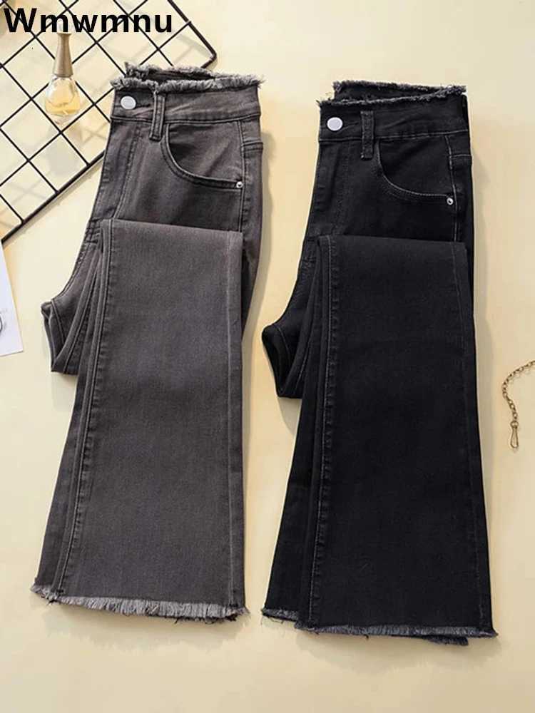 Spring Summer Rough Edge Flare Jeans Women High Waist Casual Skinny Anklelength Denim Pants New Big Size 4xl Stretch VaquerosT251013