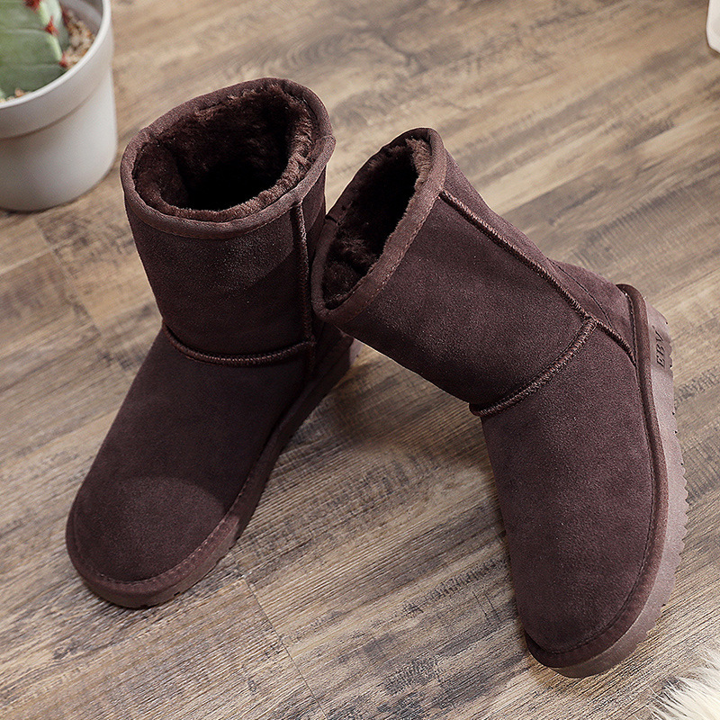 Free Shipping Ugg Boots Women'S Mid-Barrel Cowhide Warm Non-Slip Velvet Thickened Bread Shoes Cotton Shoes Go With Everything