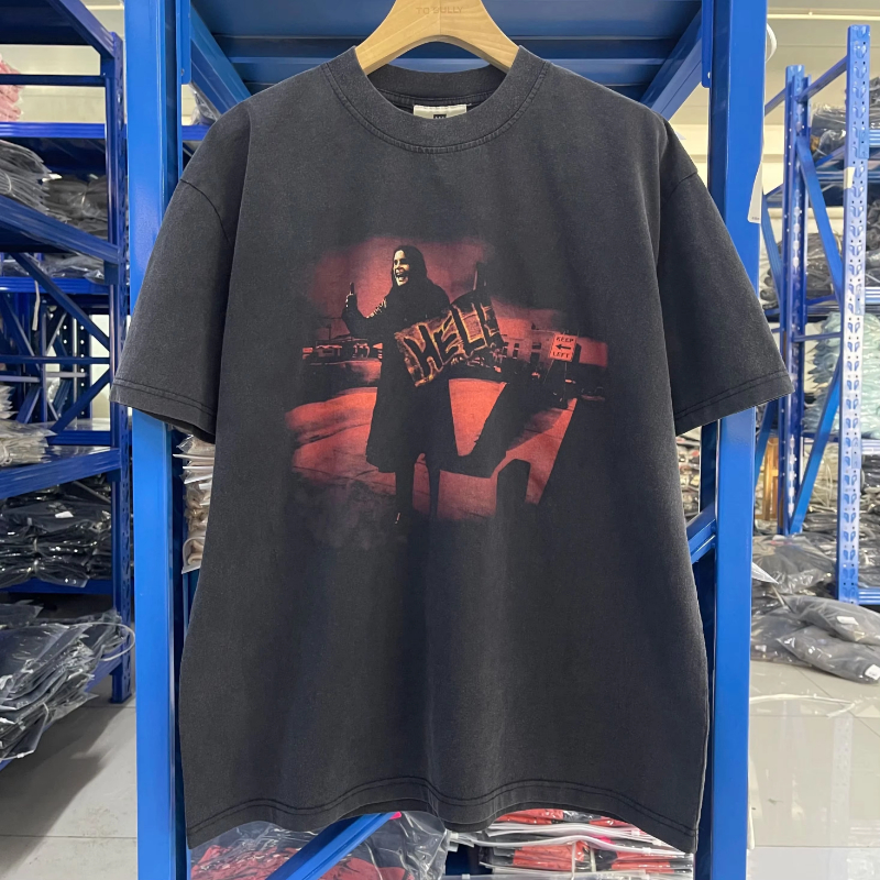 Retro Vintage High Quality Printed Pattern Trendy Street Casual Loose Cotton T-shirt Washed Oversized Men Round Neck Tops