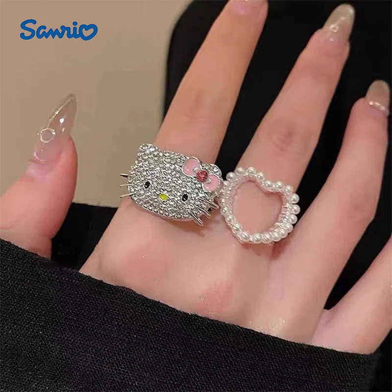Sanrio Cute Hello Kitty Rhinestones Rings Anime Sanrio KT Cat Rings Adjustable Pearl Heart Rings Jewelry Girl Gifts H251201