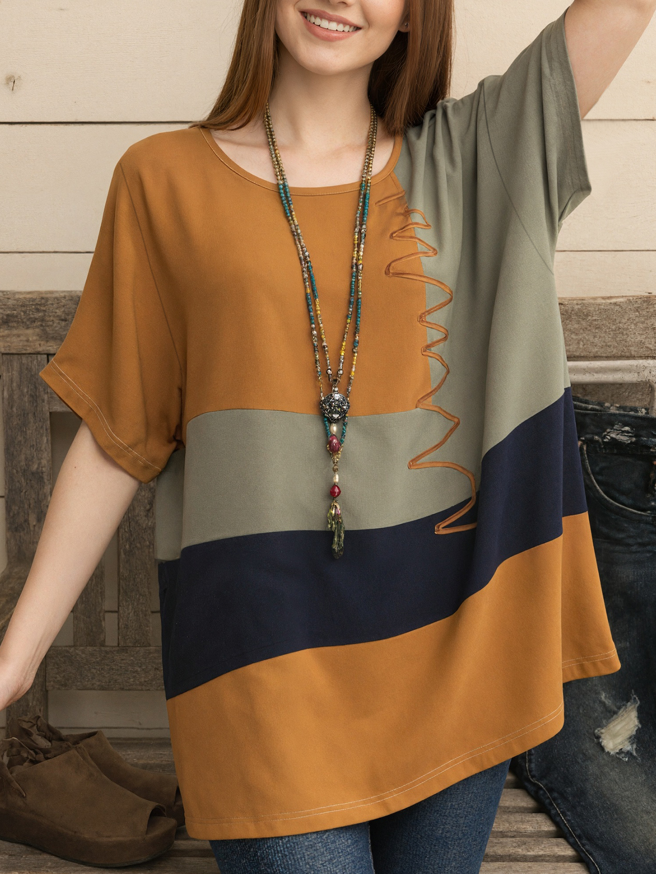 Women's Spring Summer Color - Block Printed Round Neck Top - Versatile Retro Casual & Loungewear Top-CF52778