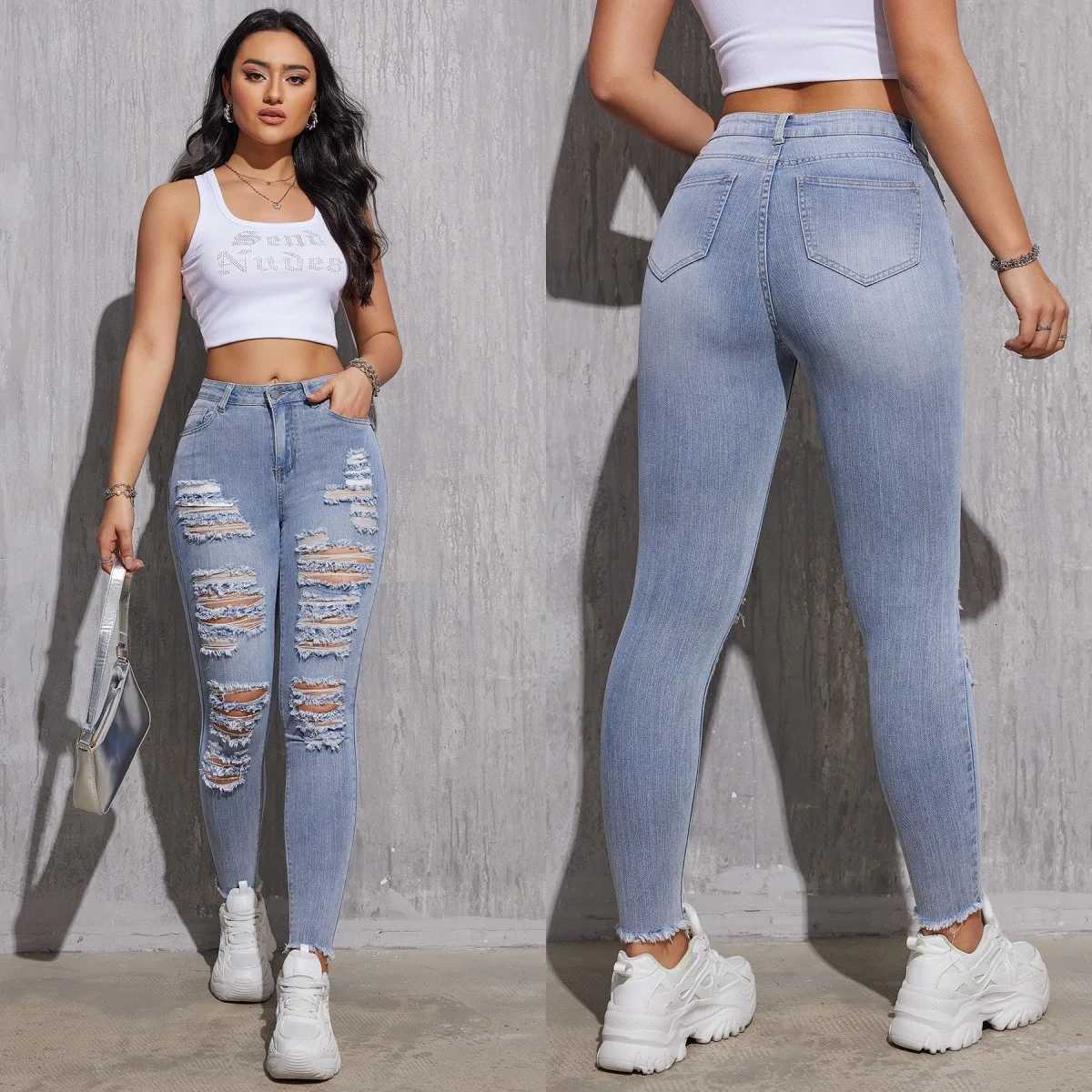 2025 Spring High Waist Skinny Jeans Women Stretch Ripped Light Blue Denim Pants Ankle Length Slim Fit Casual Trousers XSXXLT251013