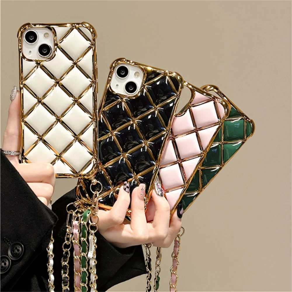 Crossbody Necklace Chain Lanyard Plating Diamond Lattice Phone Case for iPhone 14 11 12 13 15 Pro Max Plus Soft Silicone CoverW251011