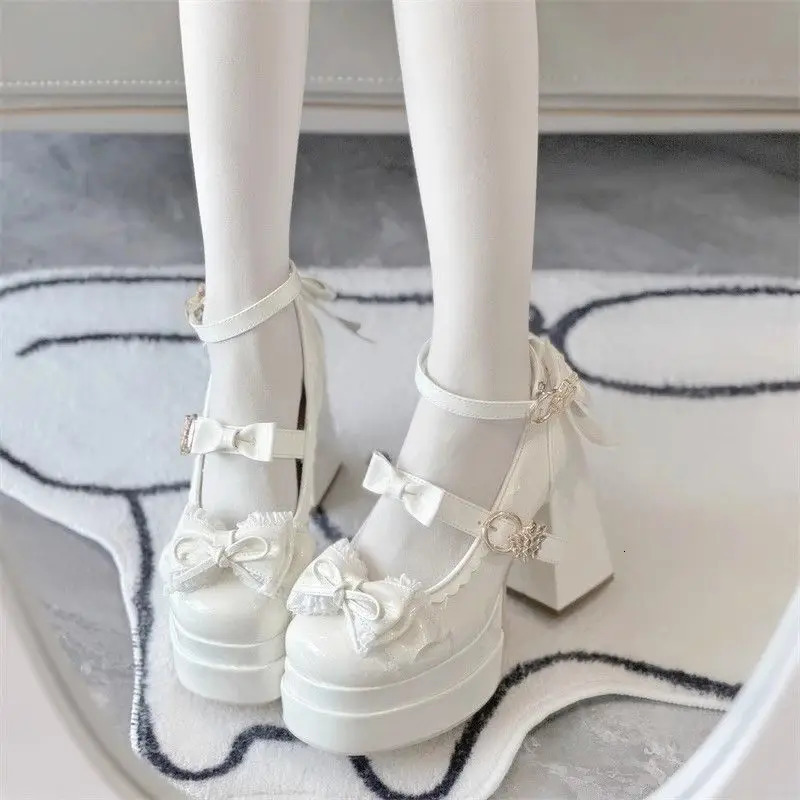 Lovely Girls Lolita Bowknots Platform Block Heels Shoes Platform Female Students Sweet Highheeled Delicate Elevator Mary Janes 251010