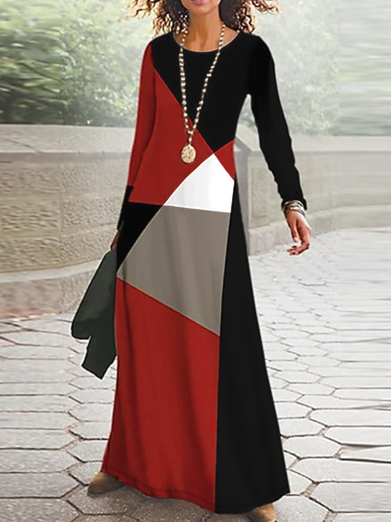 Women's Autumn Winter Mixed Color Block Long - Sleeve Maxi Dress - Elegant Fashion Party Dress-CF55181