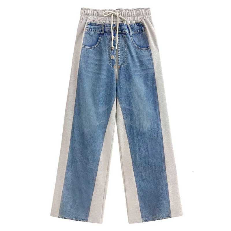 Wide Leg Pants Jeans Women Floor Length Washed Pockets Patchwork Elastic Waist Lace Up Denims Straight Trousers 2025 StreetwearT251013