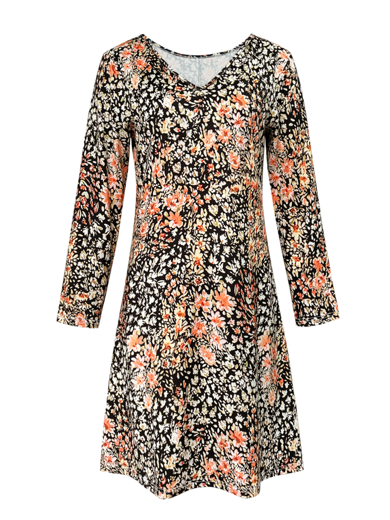 Women's Autumn Winter New Ditsy Floral Printed Casual & Versatile Plus - Size Midi Dress-YL23455