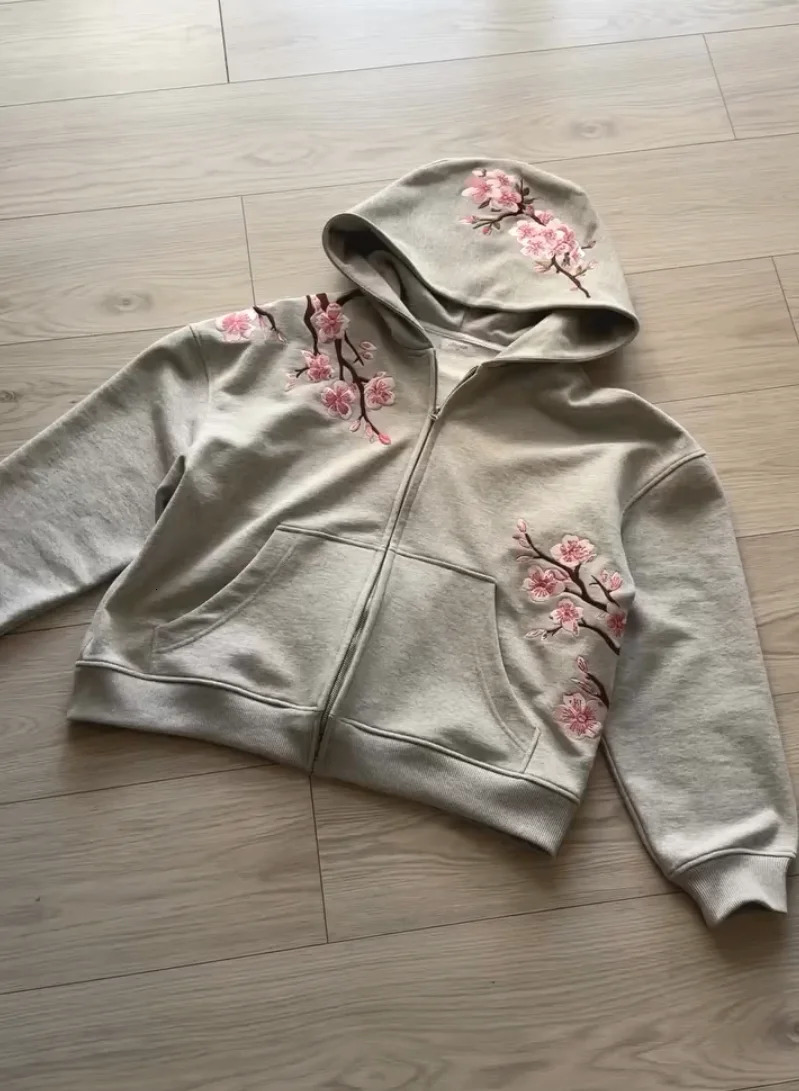 Y2K Vintage Oversized Cherry Blossom Embroidered Hooded Jacket Mens Womens Pink Zipper Coat Harajuku Hip Hop Graphic Streetwear 251013