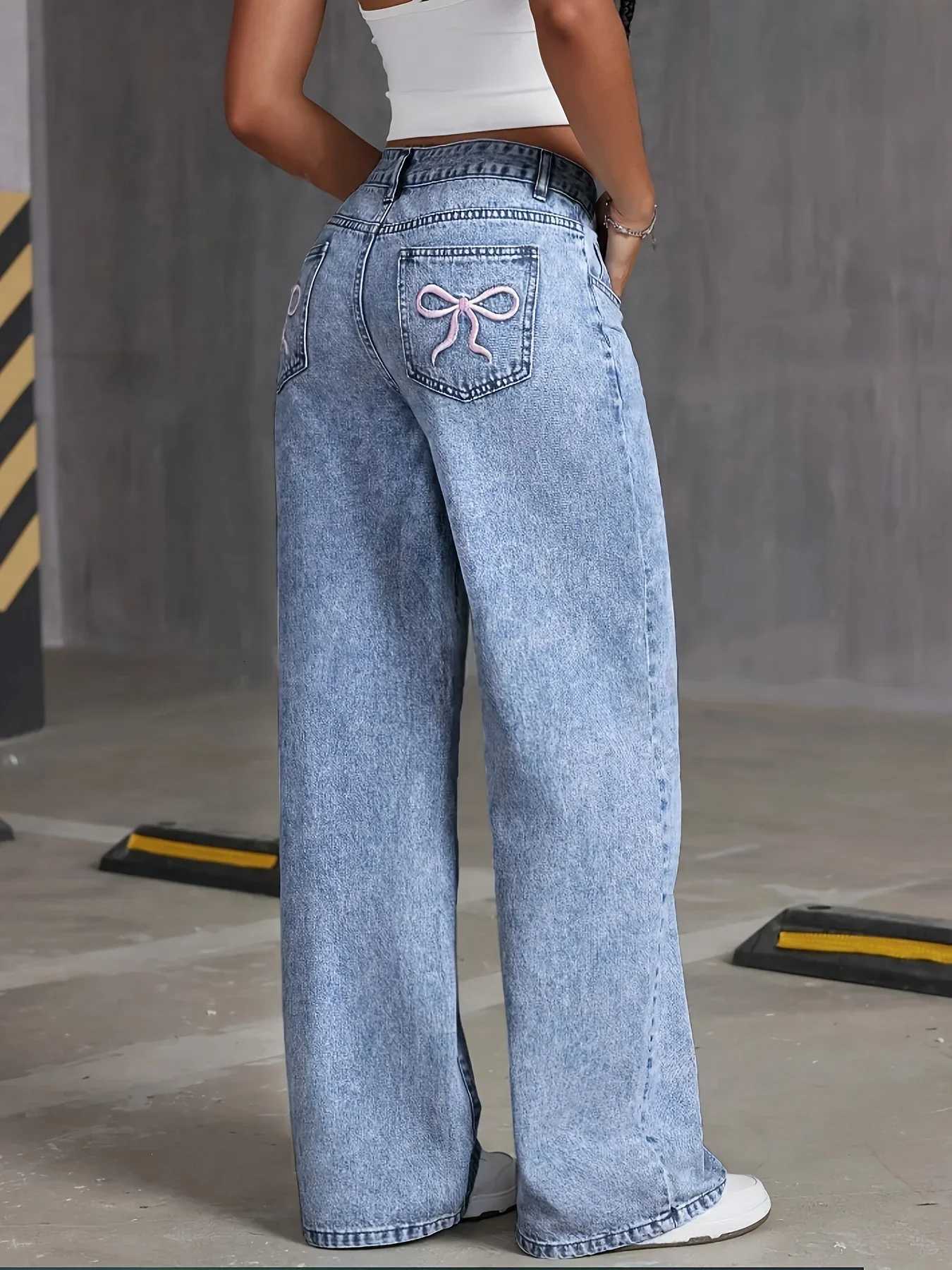 Womens Back Pocket Bow Embroidered Fashionable Wide Leg Pants Versatile Washed Denim TrousersT251013
