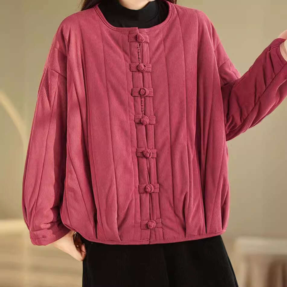Plus Size Artistic Loose Corduroy Quilted Jacket For Autumn And Winter New Chinese Style Button Warm Cotton Coat B5