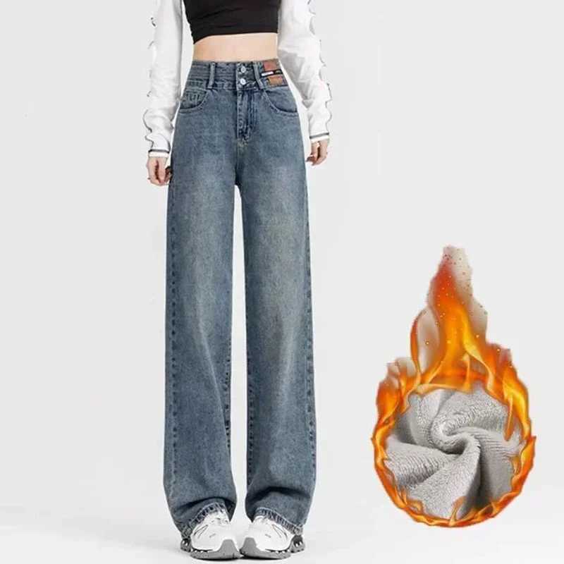 New Woman Korean Double Buckle Design Jeans Female Winter Snow Warm Thermal Plush Pants Girls Popular High Waist Denim TrousersT251013