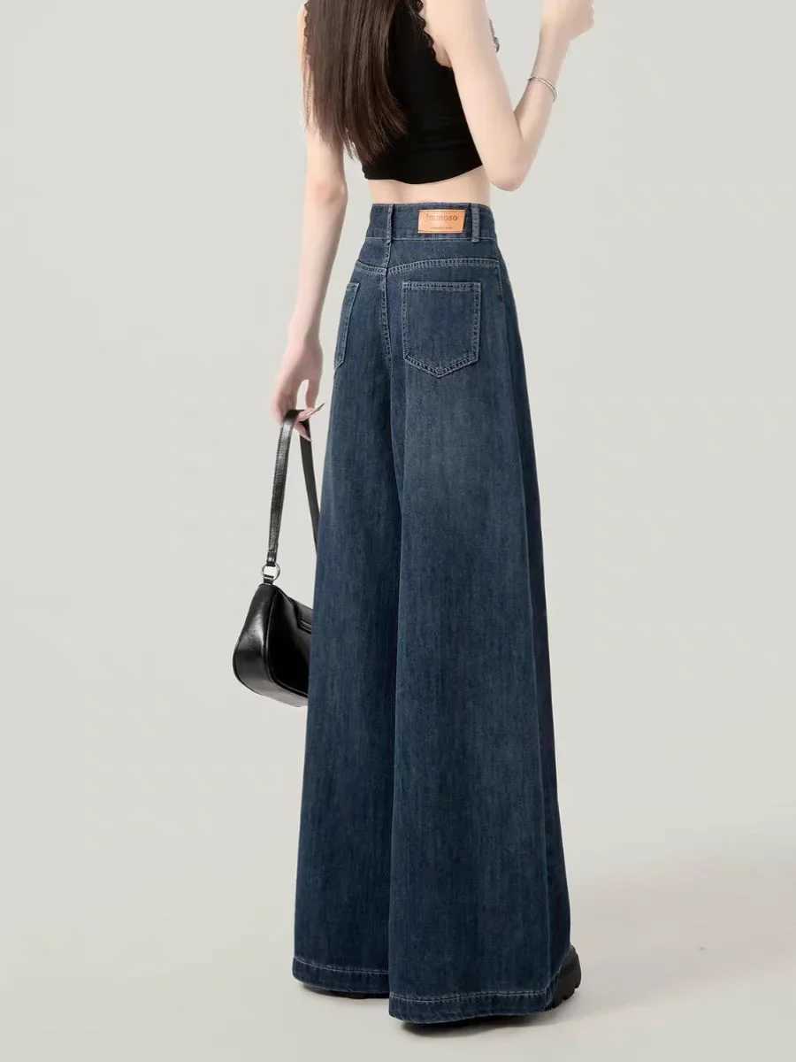 Casual Womens Jeans Autumn Winter High Waist Wide Leg Loose Trousers Vintage Heavyweight Lazy Drape Straight Long PantsT251013