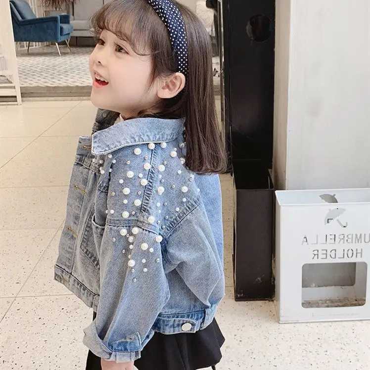 310 year old girl denim jacket 2024 new childrens pearl long sleeved denim jacket baby Korean version personalized fashioncoat C251013