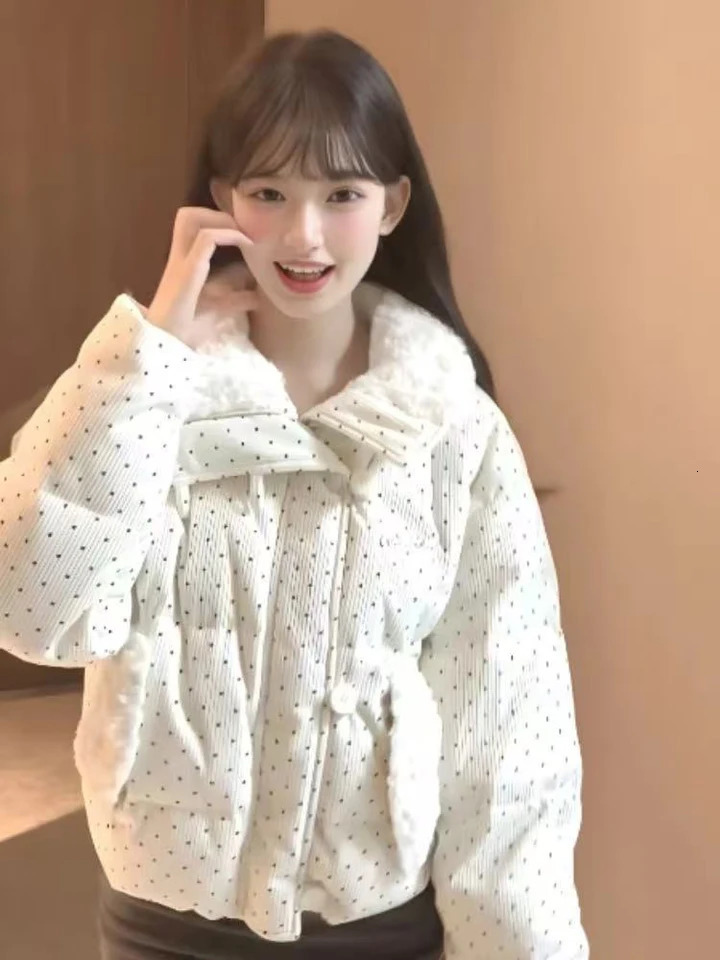 Sweet Polka Dot Parkas Women Winter Loose Casual Thicken Button Patchwork Puffy Coats Korean Fashion Fur Collar Female Outwear 251011