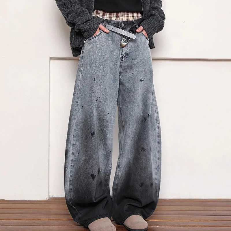 Autumn Korean Retro Splashed Ink Graffiti Denim Curved Knife Pants Baggy Jeans Y2k Fashion Women Pants Casual Straight Leg PantT251013