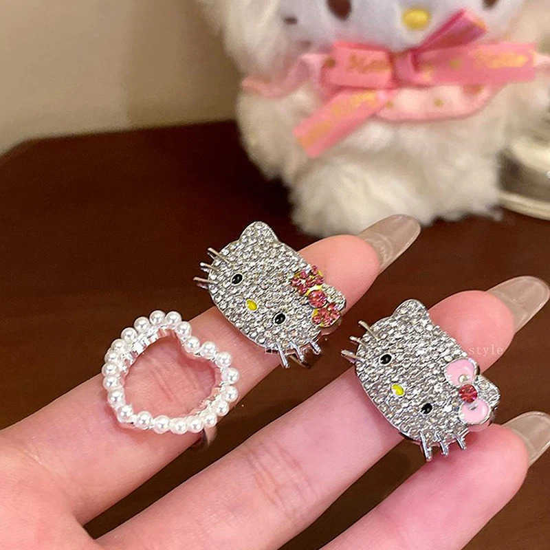 Sanrio Cute Hello Kitty Rhinestones Rings Anime Sanrio KT Cat Rings Adjustable Pearl Heart Rings Jewelry Girl Gifts H251201