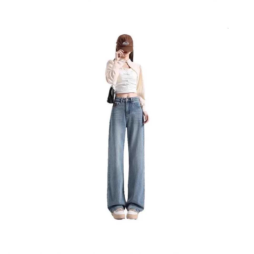 Spring 2025 High Waist Straight Leg Jeans Women Slimming Pockets Embroidered Light Blue Smoke Tube Long PantsT251013