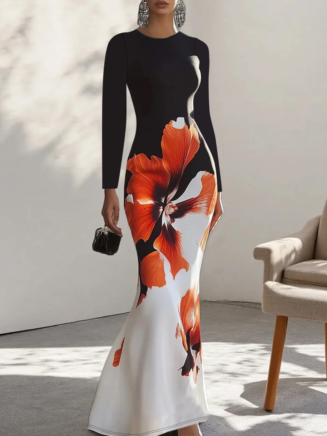 Women's Autumn Winter Fashion New Black Long - Sleeve Slim Midi Dress - Large Floral Printed Elegant Temperament DressCF55192