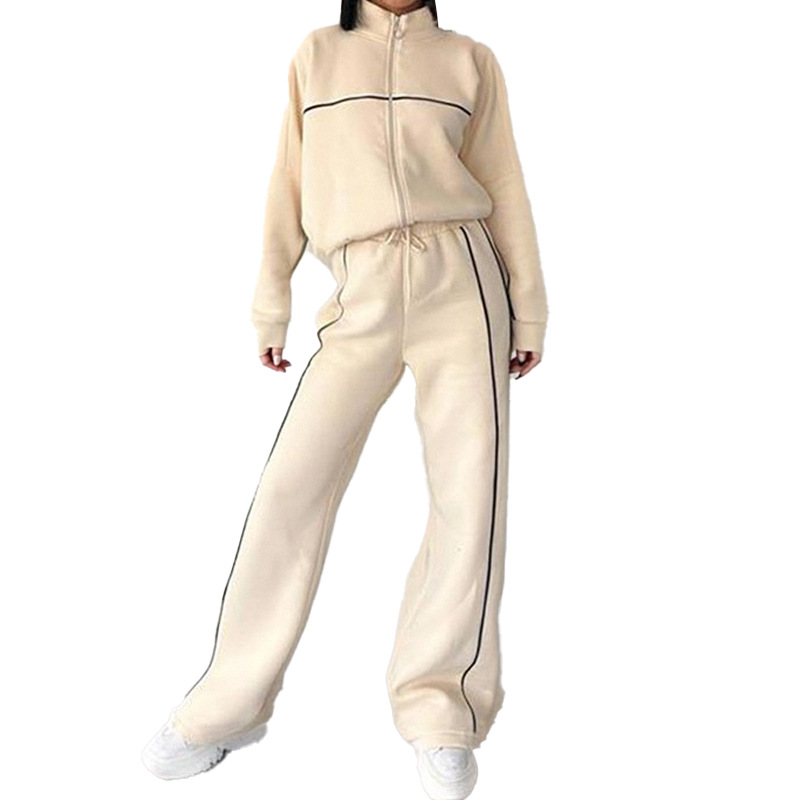 Women's Two Piece Pants Sport Stripe Sweatshirt Set Women Stand Collar Long Sleeve Elastic Waist Pant Sets Female 2025 Autumn Winter