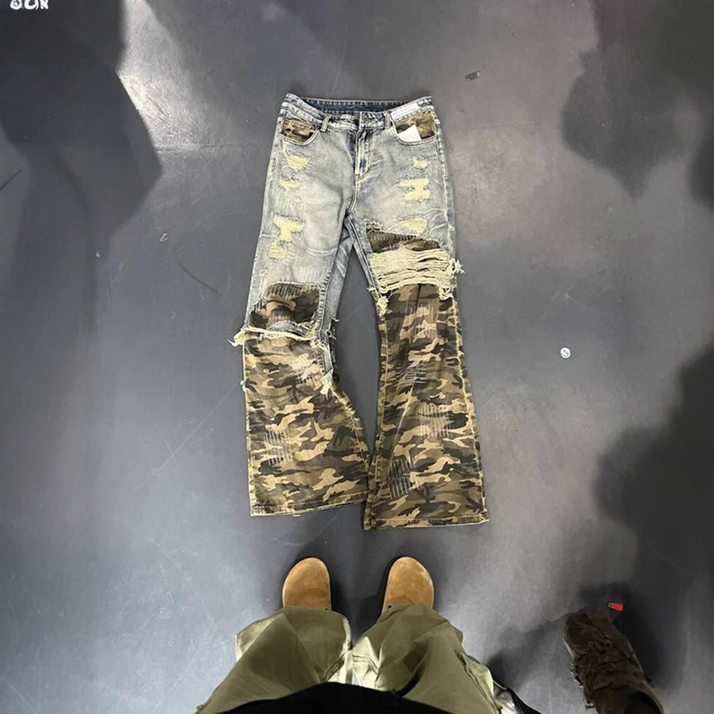 American Style Fake TwoPiece Pants Design Sense HighEnd Camouflage Patchwork Jeans Mens Cleanfit StraightLeg Pants y250823