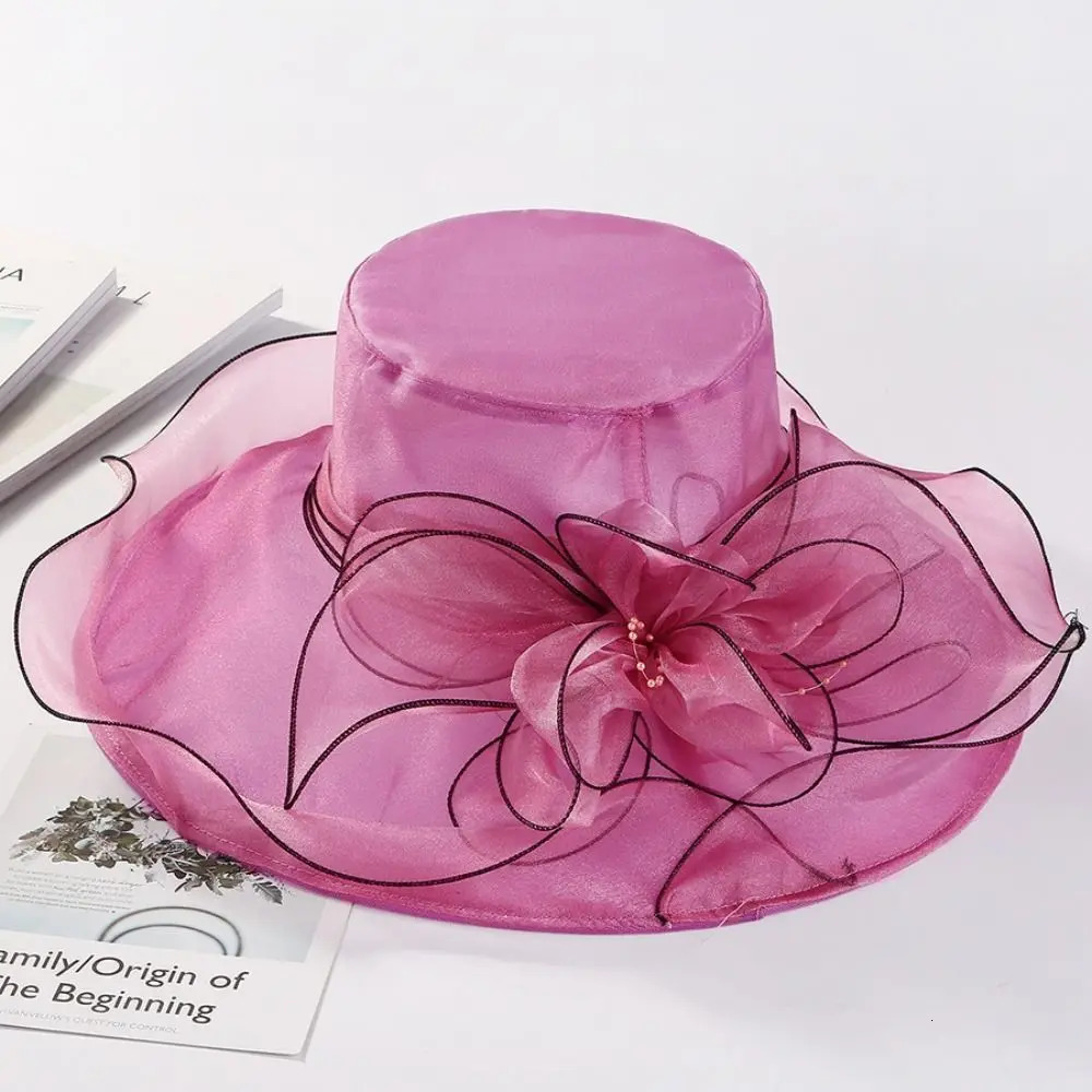 Solid Color Flowers Women Derby Hat Organza Wide Brim Summer Ruffles Sun Hat Foldable UV Protection Bridal Tea Party Wedding Hat 251013